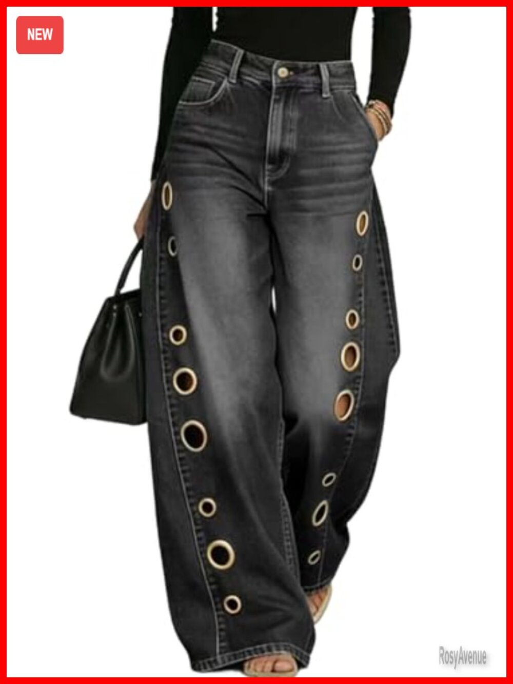 High Waisted Wide Leg Jeans Cut Out Eyelet Denim Pants
